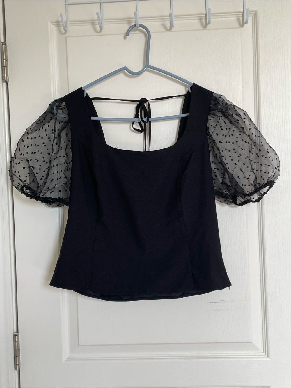 ASOS Black Square Neck Top with Sheer Puff Polka-Dot Sleeves